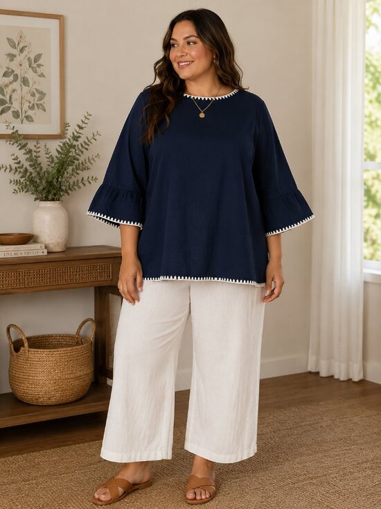 Talbots Tops - Talbots Navy Bell Sleeve Top White Trim Preppy Nautical Coastal Cotton Blouse